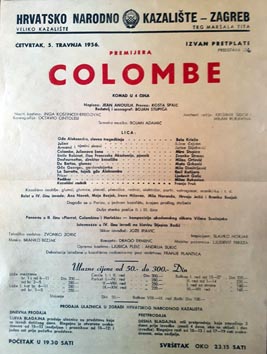 Programska cedulja drame Colombe Jeana Anouilha u režiji Koste Spajića u kojem su balet u 4. činu izveli Ana Novak, Maja Bezjak, Irena Milovan, Mila Naranđa, Hrvoje Ježić i Branko Bezjak, kor. Octavio Cintolesi