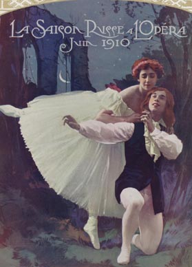 Tamara Karsavina i Vaclav Nižinski u baletu Les Sylphides, kor. Mihael Fokin, naslovnica programa Ballet Russes, 1910.